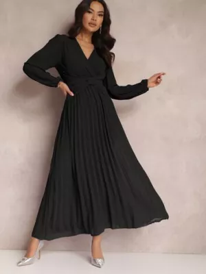 Czarna Sukienka Maxi Plisowana z Kopertowym Dekoltem Verazi