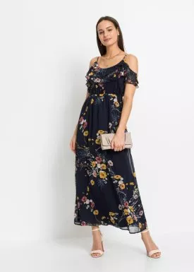 Długa sukienka z odsłoniętymi ramionami, w kwiatowy deseń bonprix